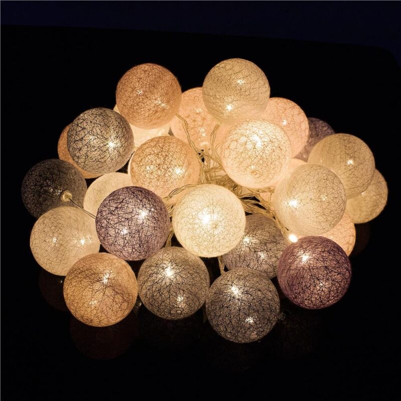 30 LED kalėdiniai rutuliukai medvilniniai rutuliukai 6.1 m rožinė, pilka, balta