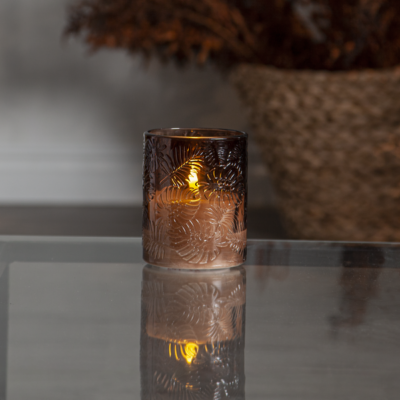 Vaškinė žvakė LED Flamme Leaf stiklinė, rudos spalvos 12,5cm aukščio