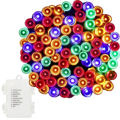 120LED spalvotos kalėdinės lemputės 9m su baterijomis bei nuotolinio valdymo pulteliu