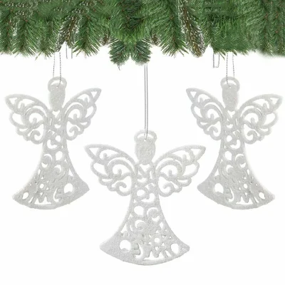 Eglutės žaisliukai „Angelas“ 3 vnt., balti žvilgantys, 10 cm