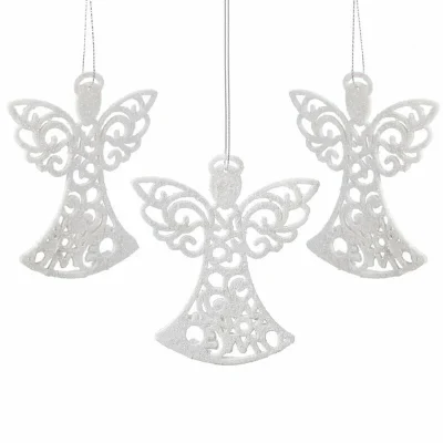 Eglutės žaisliukai „Angelas“ 3 vnt., balti žvilgantys, 10 cm