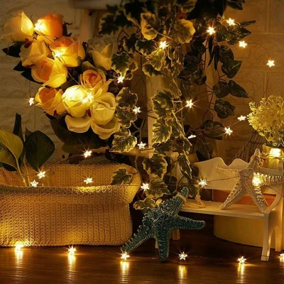 LED vielinė girlianda su žvaigždutėmis, 20 LED, šiltai balta, su baterijomis