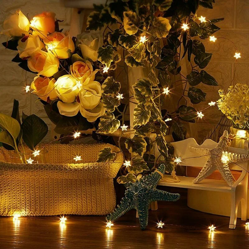 LED vielinė girlianda su žvaigždutėmis, 20 LED, šiltai balta, su baterijomis